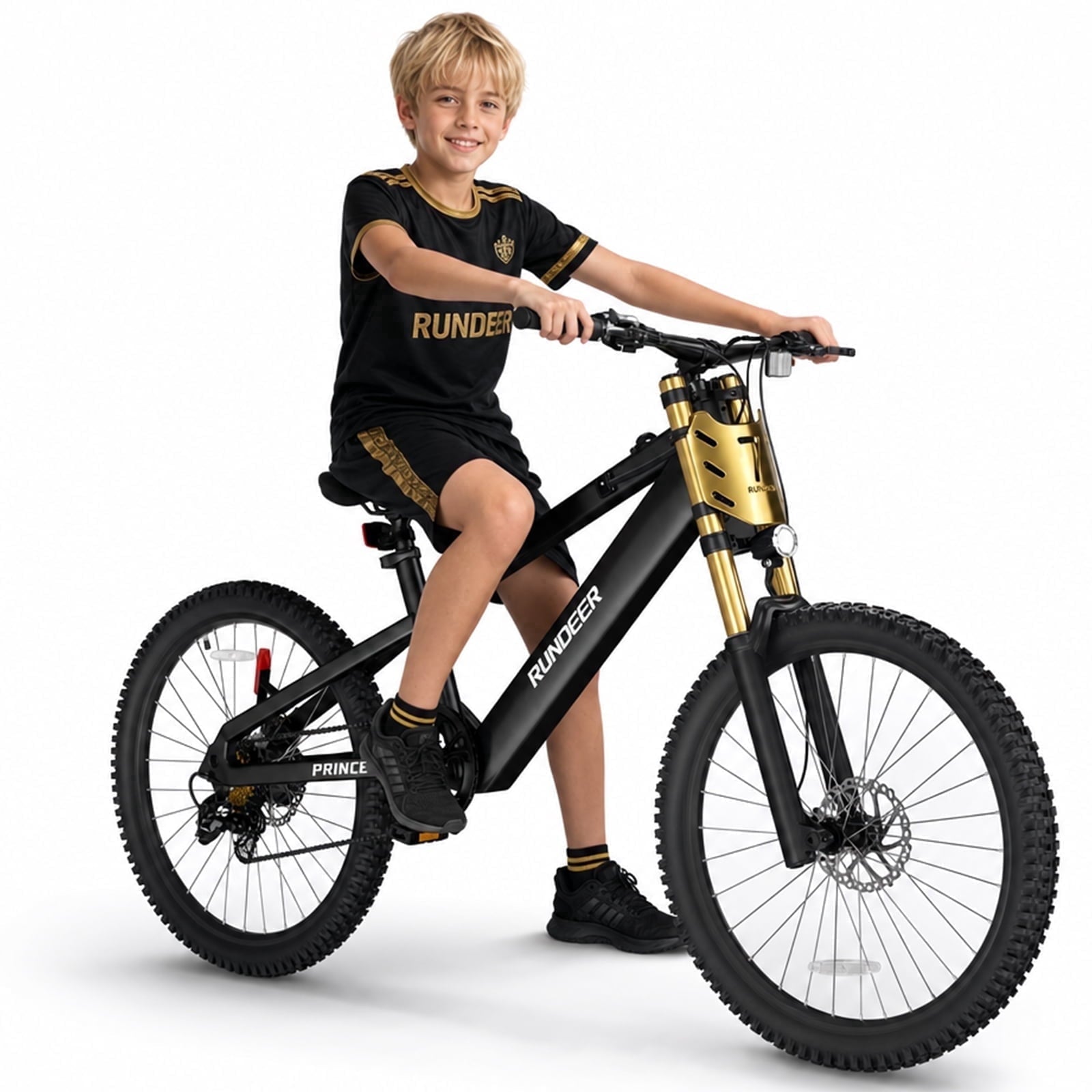 RUNDEER 20" Electric Bike for Teen, 32 mile Range, 7-Speed 7-14 EBike for Teens with Dual Golden Suspension Brakes, UL 2849 by TÜV 48V/10AH Battery Rundeer